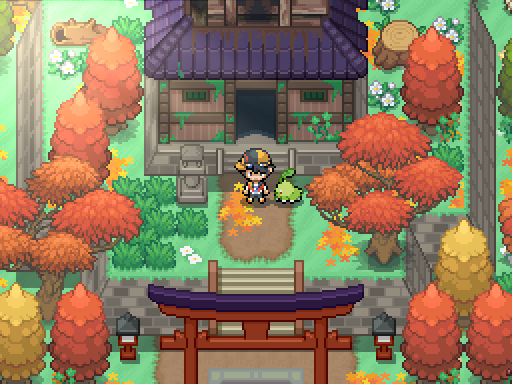 A trainer and following Pokemon stand before a shrine framed by orange trees and a red gate.