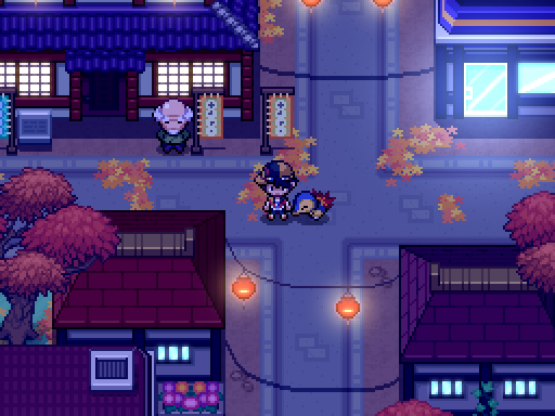A trainer and following Pokemon walk through an autumn town lit by lanterns at night.