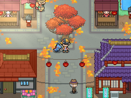 A trainer and following Pokemon stand on a lantern-lined town street beneath orange leaves.