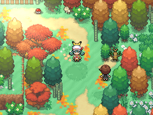 A trainer and following Pokemon stand on a leafy path between green and orange trees.
