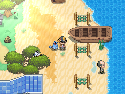 A trainer and following Pokemon walk on a sandy beach beside a rowboat and blue water.