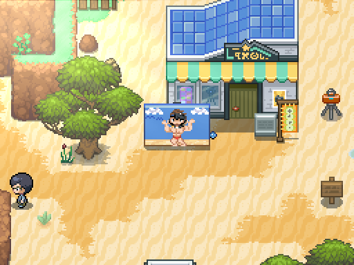 A character poses behind a photo board on a sandy beach near a striped shop awning.