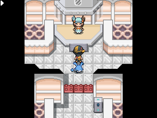 A trainer and following Pokemon face a character on a raised platform inside a bright mechanical-looking room.