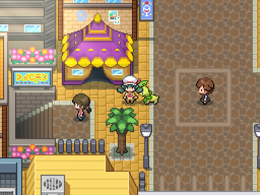 A trainer and following Pokemon stand beside a purple-and-gold market stall on a paved city street.