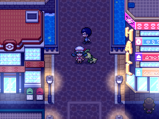 A trainer and following Pokemon stand on a neon-lit city street beside a canal at night.