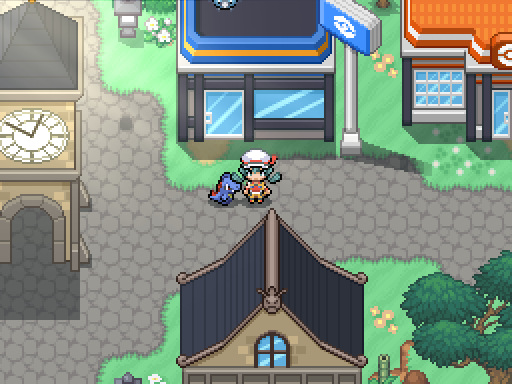 A trainer and following Pokemon walk through a stone square beside a clock tower and dark rooftops.