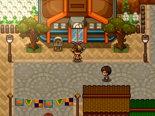 A trainer stands beside an orange-roofed building, flowering trees and colorful bunting in warm light.