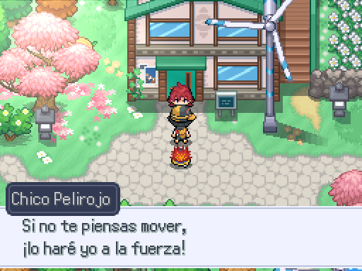 A trainer speaks with a red-haired character outside a house among pink trees.