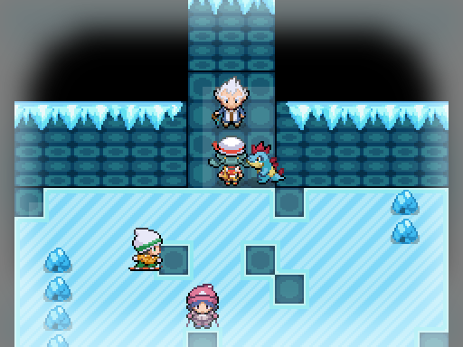 A trainer and following Pokemon face a white-haired character beyond an icy floor.