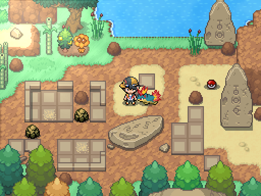 A trainer and following Pokemon stand among carved stones and low ruins beside a blue lake.