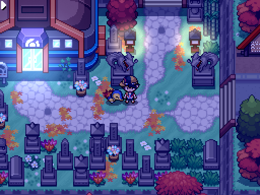 A trainer and following Pokemon stand on a garden path lined with statues and lanterns at night.