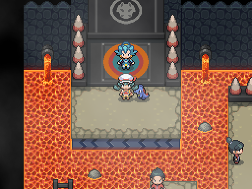 A trainer and following Pokemon face a blue-haired character on a platform surrounded by lava.