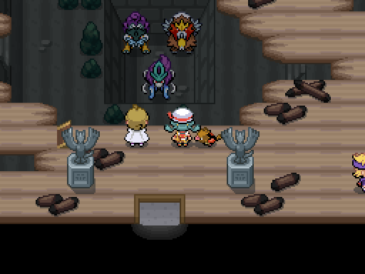 A trainer faces three legendary Pokemon in a damaged wooden interior.