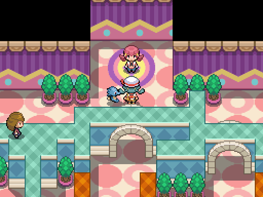 A trainer and following Pokemon face a pink-haired character inside a pink-patterned gym.