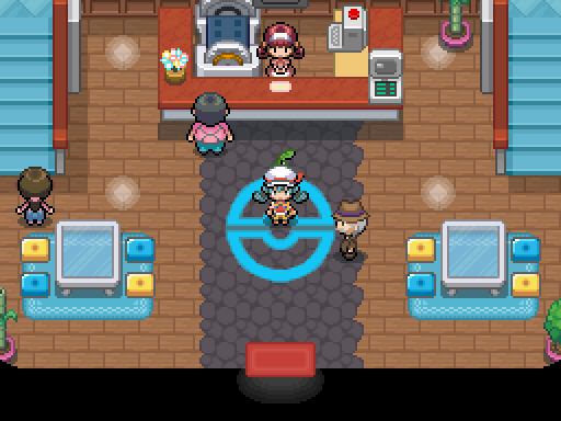 A trainer stands inside a Pokemon Center with a nurse, counters and a large floor emblem.