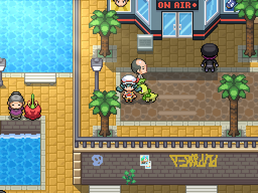 A trainer and following Pokemon approach characters outside a building with an On Air sign.