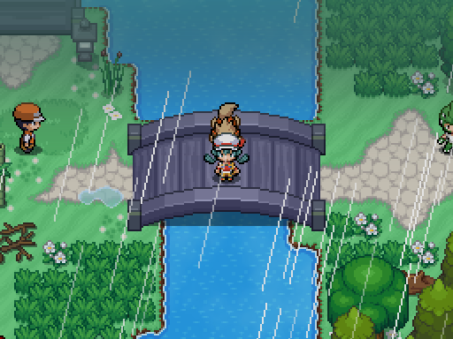 A trainer stands on a small arched bridge over a river in the rain.