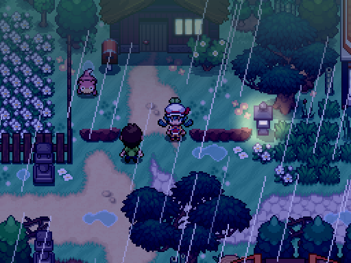 A trainer walks through a rainy village at night, framed by lamps and purple flowers.