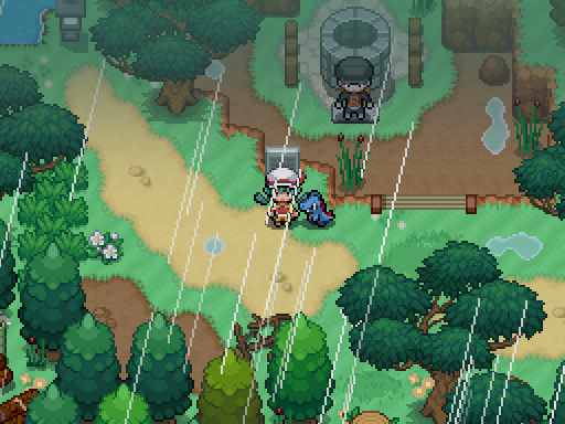 A trainer walks along a rain-soaked path near a stone well and trees.