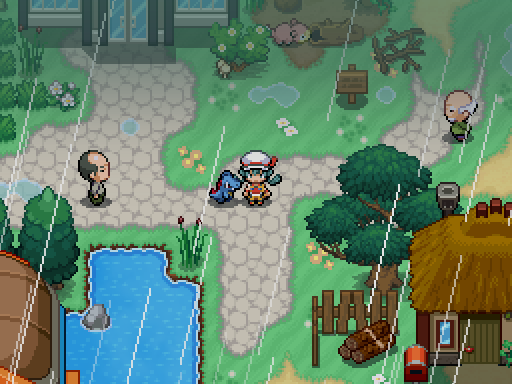 A trainer and following Pokemon cross a rainy village beside trees and a small pond.