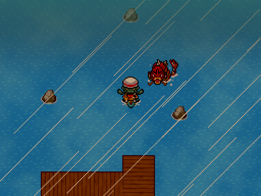 A trainer on the water approaches a red Gyarados during rainfall.