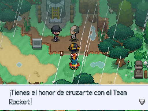 A trainer approaches two characters beside a well while a Spanish dialogue box mentions Team Rocket.