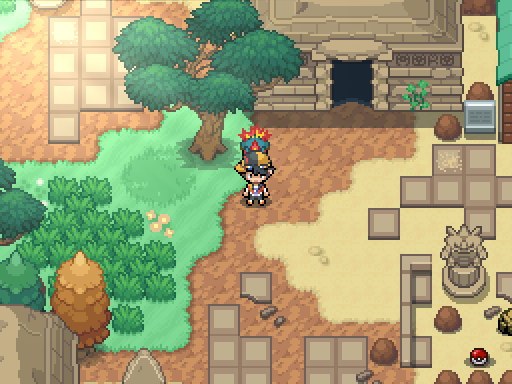 A trainer and following Pokemon pass a stone ruin entrance beneath a broad tree.