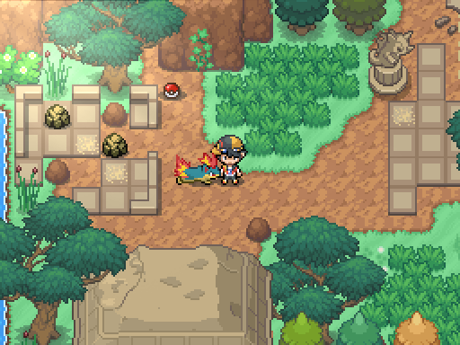 A trainer and following Pokemon stand on an earthen path among ruins, rocks and tall grass.
