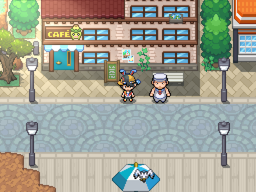 A trainer stands outside a cafe beside streetlamps and a waterside promenade.