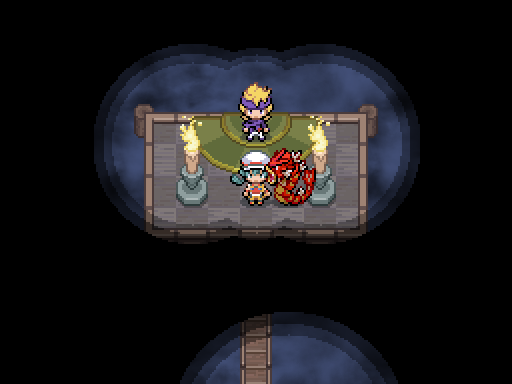 A trainer and following Pokemon stand in a small lit area before a character between two flaming pillars.