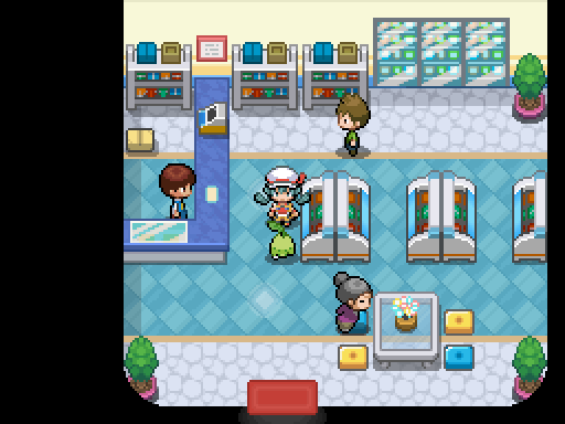 A trainer and following Pokemon stand inside a shop with stocked shelves and display counters.