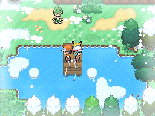 A trainer stands on a wooden pier over a bright blue pond surrounded by snowy grass.