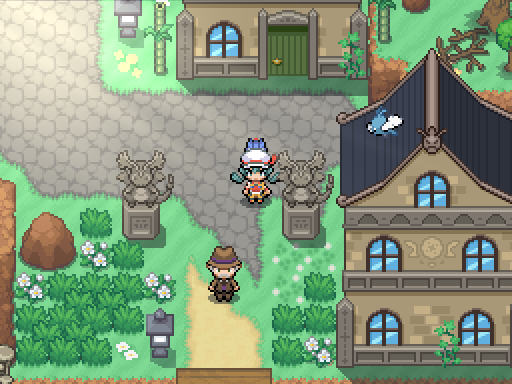 A trainer walks past a dark-roofed building and statues in a green town square.