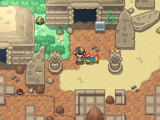 A trainer and following Pokemon explore sunlit stone ruins with carved pillars and a dark entrance.