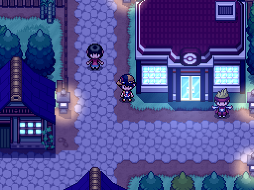 A trainer walks beside a brightly lit building under purple evening light.