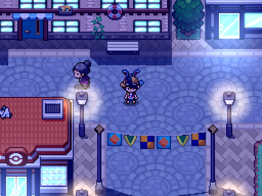 A trainer and following Pokemon cross a paved square between bright shop windows at night.