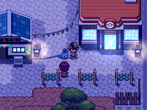 A trainer and following Pokemon stand on a lamplit square beside blue-roofed buildings at night.