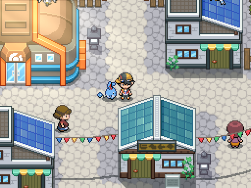A trainer and following Pokemon stand in a paved square with blue-roofed stalls and colorful bunting.
