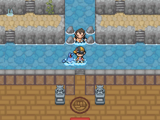A trainer approaches a character in a water-filled gym beneath a waterfall.