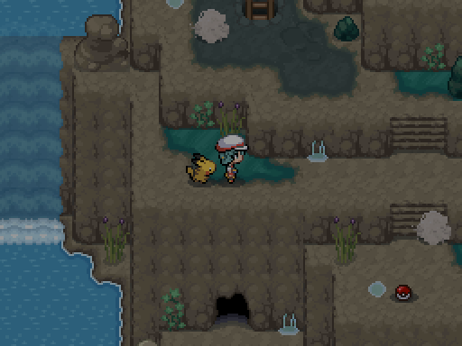 A trainer and following Pokemon stand in a dim cavern with water, ladders and scattered rocks.