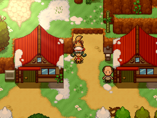 A trainer walks between red-roofed houses and evergreens with small patches of snow.