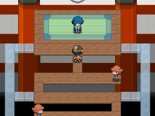 A trainer faces a blue-haired character across wooden platforms inside a gym.