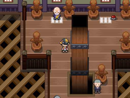 A trainer stands on wooden platforms between bird statues inside a gym.
