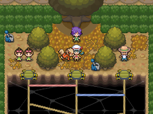 A trainer faces a purple-haired character in an indoor woodland setting above web-covered platforms.